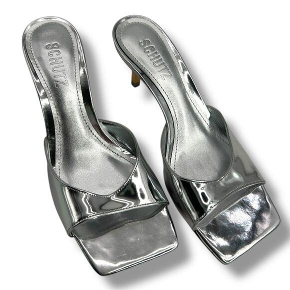 NEW Schutz Dethalia Silver Squared Toe Sandals Size 5 Mirror Metallic Heels - Picture 6 of 11